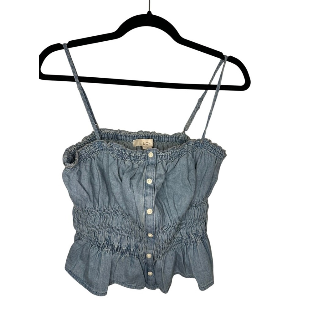 LOFT Chambray Smocked Button‎ Front Cami Top Women's Small Sleeveless Blue